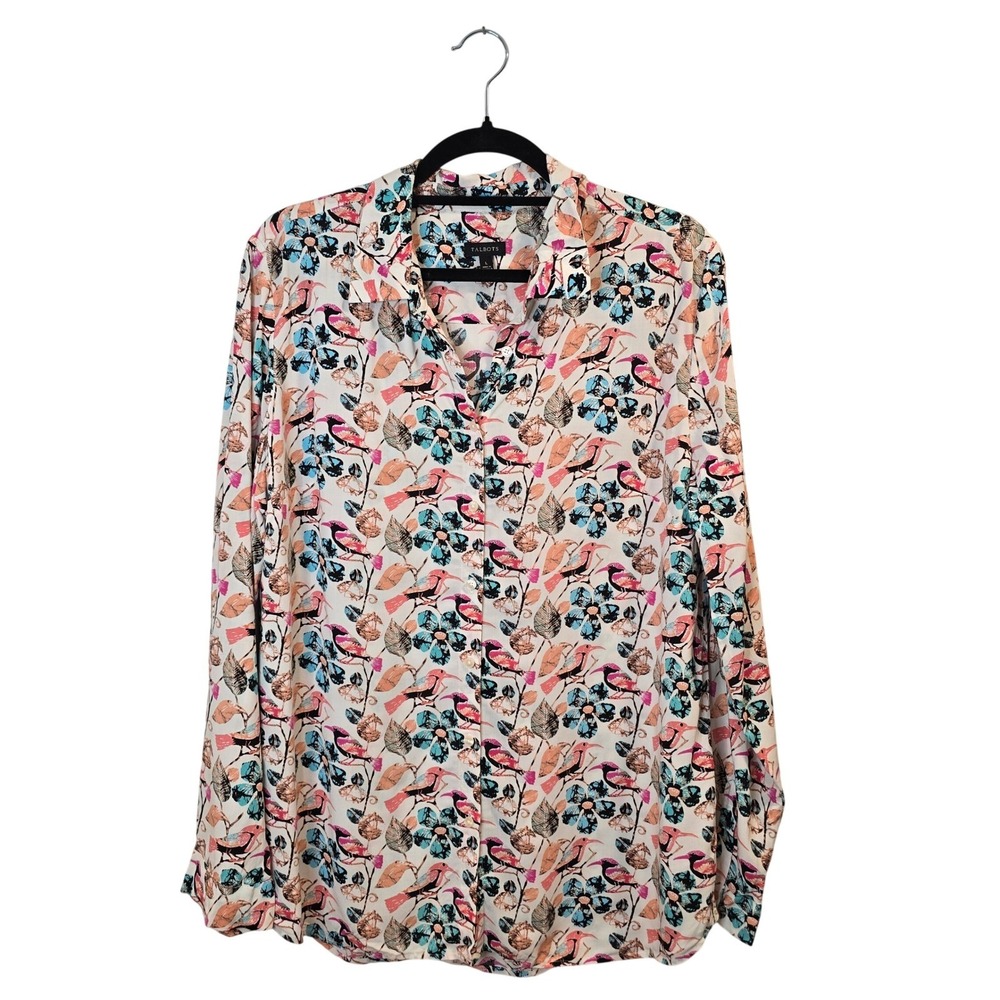 Talbots Button Down Blouse Womens Large Multi Color Bird Floral Print Rayon Top